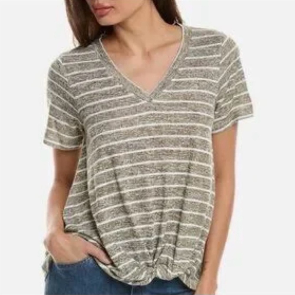 Caslon Heather Gray Ivory Stripe V Neck Front Twist Top